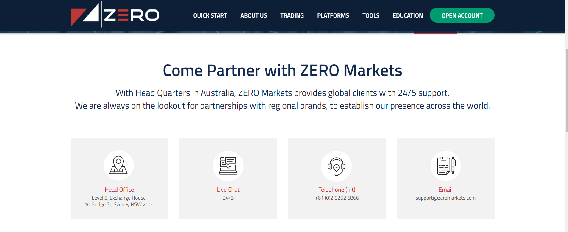 ZERO Markets contact page